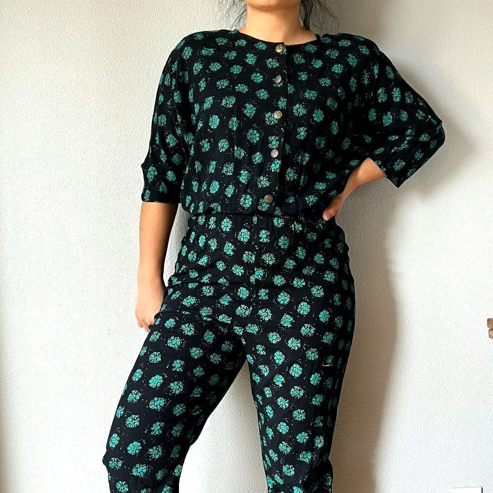 vtg 80s Enfocus‎ pant romper black green floral fitted onepiece button medium